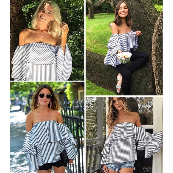 Striped Off The Shoulder Tiered Blouse - Picture 6 of 8